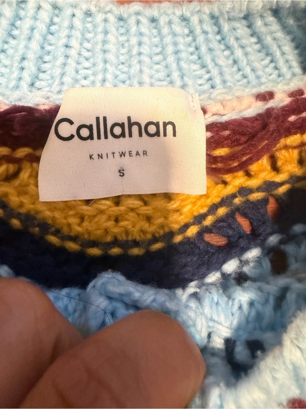 Callahan Multicolor Chevron Knit Sweater Dress in Light Blue, Burgundy, Mustard - Picture 7 of 8